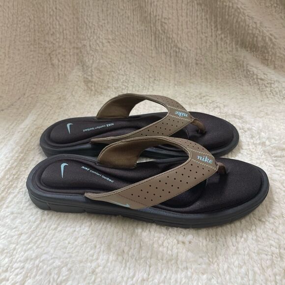 Nike Comfort Cushioned Footbed Khaki,brown & mint blue Thong Sandals SZ10 - Picture 2 of 10